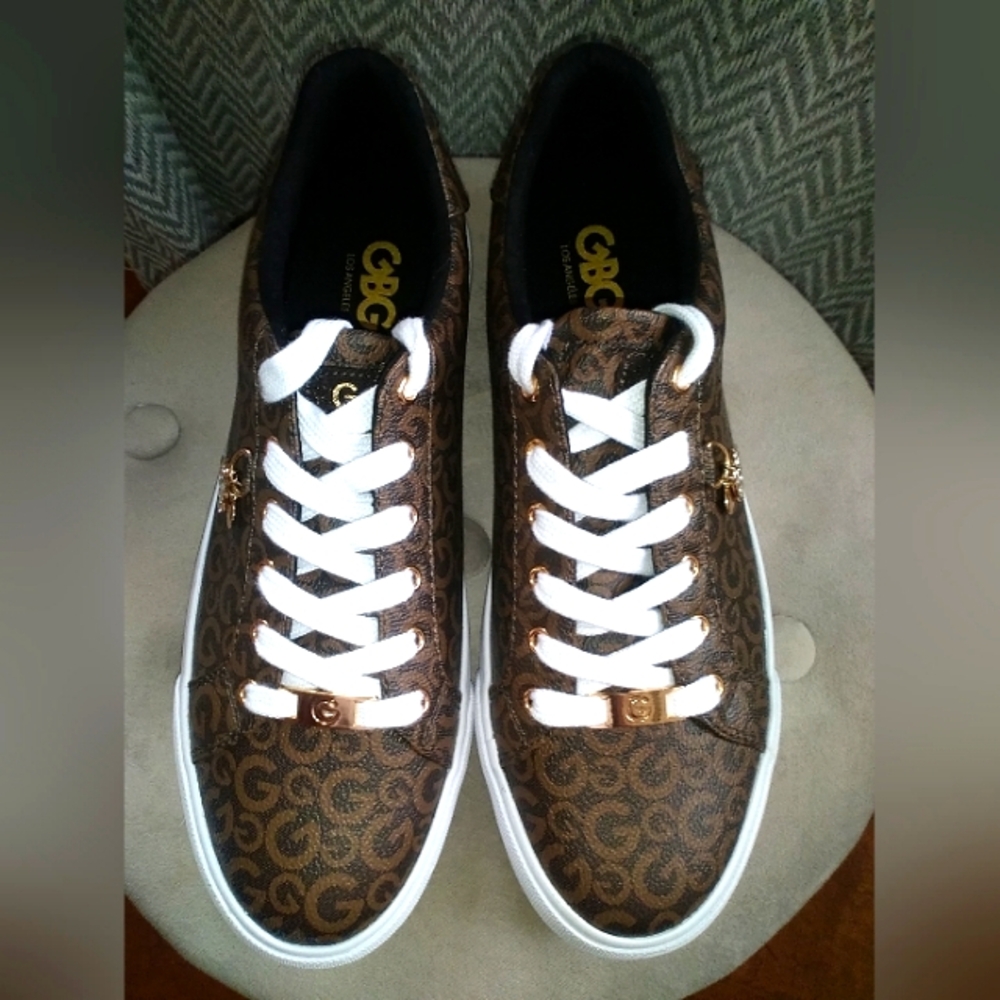 G by Guess Brown and White Sneakers with Monogram Design